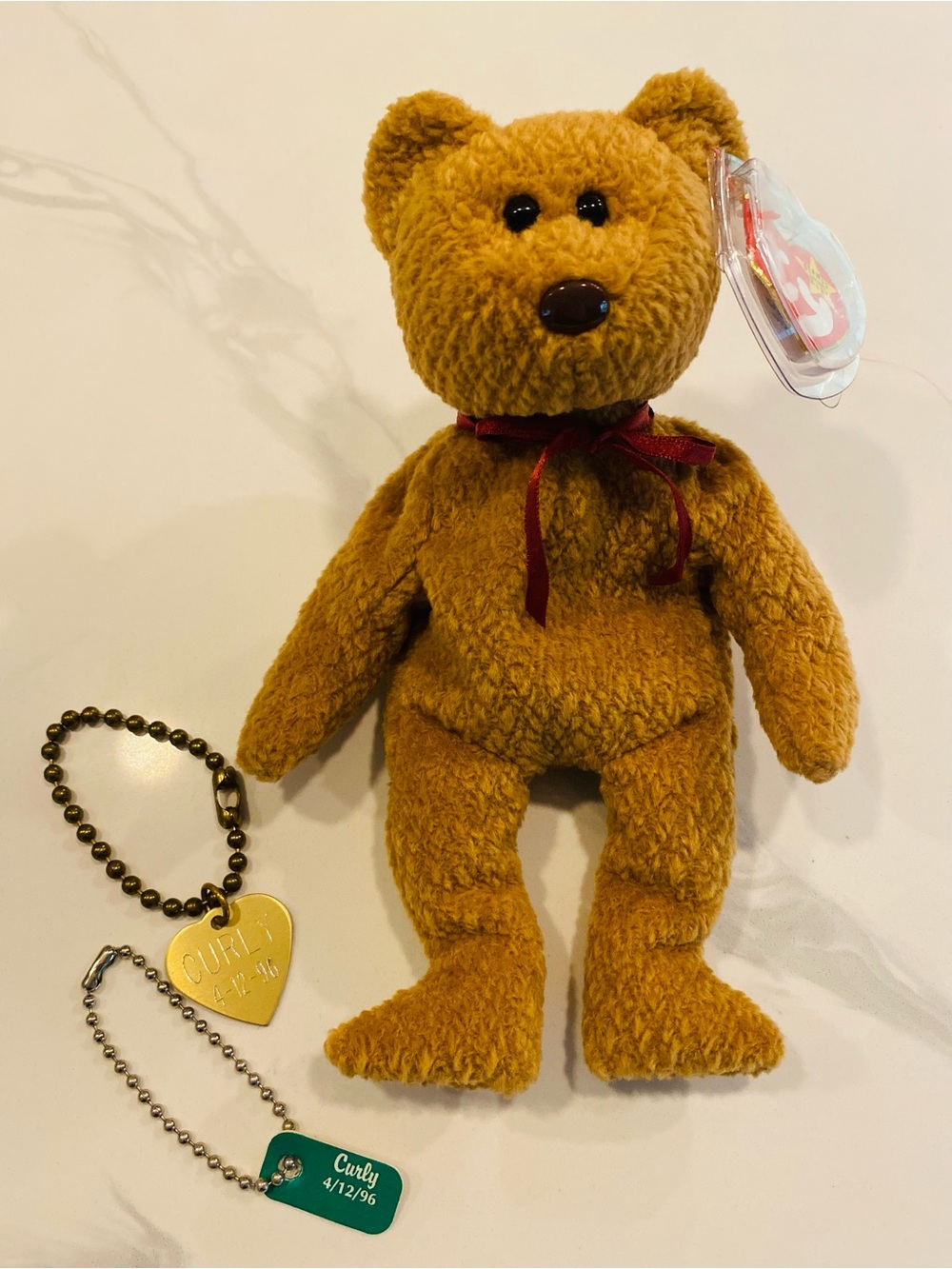 Ty Golden Brown Teddy Bear with Red Ribbon